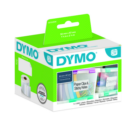 S0722540 Dymo White Black Print Label Roll, 57mm Width, 32mm Height, 1000Per Roll Qty