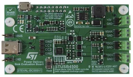 STEVAL-ISC005V1 STMicroelectronics Evaluation Board for the STUSB4500 USB Power Delivery Controller L7985 Evaluation Board for