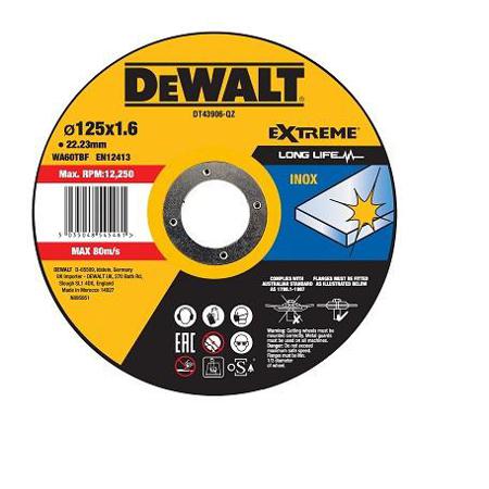 DT43906-QZ DeWALT inox cutting series Aluminium Oxide Cutting Disc, 125mm x 1.6mm Thick, DT43906, 25 in pack