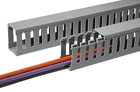 181-10278-HTWD-PW-100X100-PVC-GY HellermannTyton HTWD-PW Grey Slotted Panel Trunking - Open Slot, W100 mm x D100mm, L2m, PVC