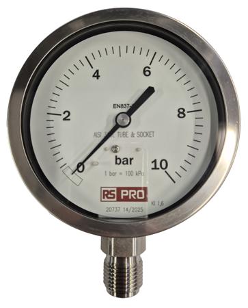 152-307 RS PRO BSP 1/2in Analogue Pressure Gauge 10bar Bottom Entry 100mm Outside Diameter