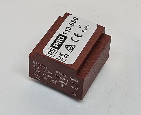 113-950 RS PRO 24V ac 1 Output PCB Mount PCB Transformer, 0.35VA, IEC 61558-2-6