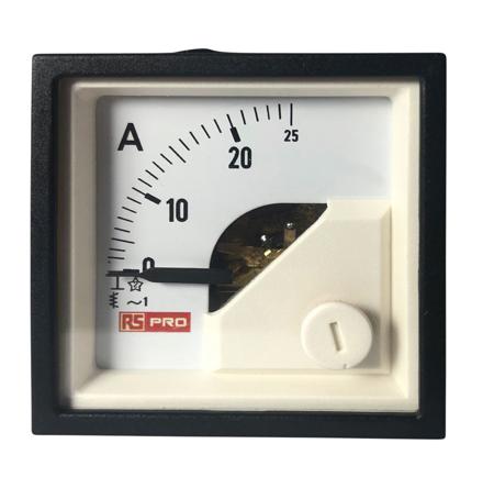 186-2414 RS PRO Analogue Panel Ammeter 25 (Input, Scale)A AC, 45mm x 45mm, 1 % Moving Iron