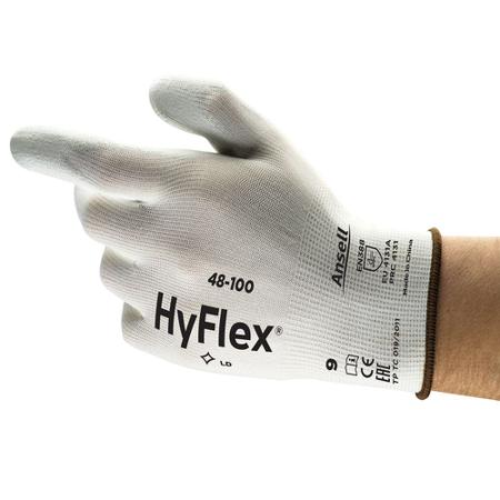 48100080 Ansell HyFlex 48-100 White Nylon Abrasion Resistant Gloves, Size 8, Polyurethane Coating