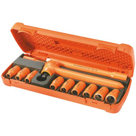 S.400AVSE Facom 12-Piece Metric 1/2 in Standard Socket Set with Ratchet, 12 point, VDE/1000V