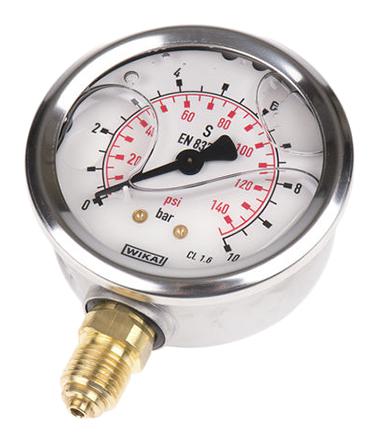 9626829 WIKA  Analogue Positive Pressure Gauge Bottom Entry 10bar, Connection Size G 1/4