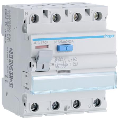 CDC470F Hager CDC RCD Switch, 63A, 4 Pole, 30mA, Type AC, 230 → 400V