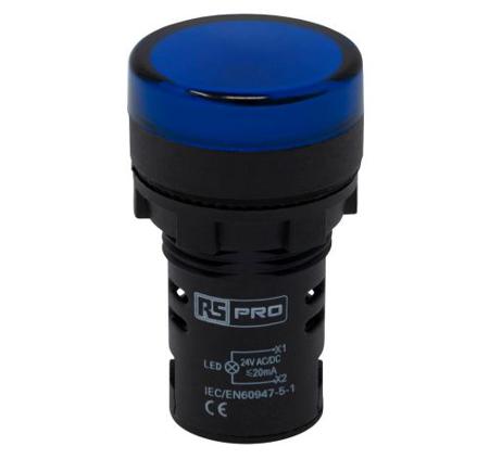 271-7480 RS PRO, Panel Mount Blue LED Pilot Light, 22mm Cutout, IP65, Round, 24V ac/dc
