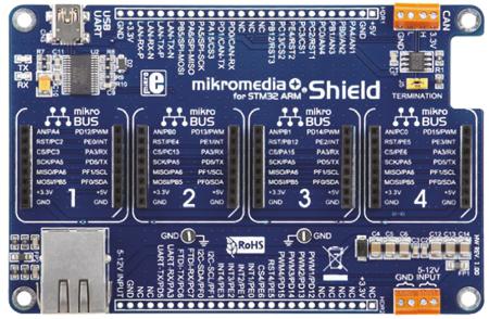 MIKROE-1417 MikroElektronika , mikromedia Plus Expansion Board With 4 mikroBUS host sockets for STM32