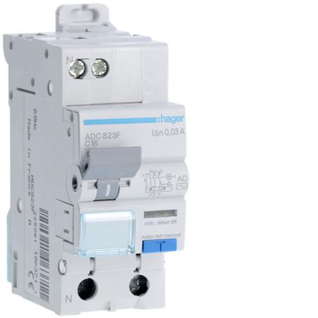ADC823F Hager RCBO, 16A Current Rating, 1P+N Poles, 30mA Trip Sensitivity, Type AC