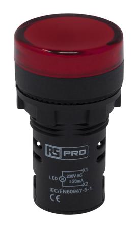 763-7946 RS PRO, Panel Mount Red LED Pilot Light, 22mm Cutout, IP65, Round, 230V ac