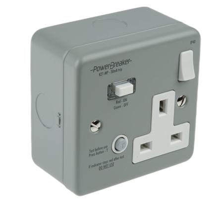 K21MP-C Powerbreaker PowerBreaker H 13A, BS Fixing, Passive, Single Gang RCD Socket, Surface Mount , Switched, 230 V ac, Grey