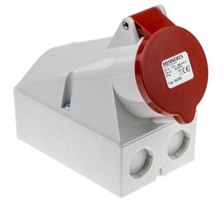 1425 Mennekes IP44 Red Wall Mount 4P Right Angle Industrial Power Socket, Rated At 32A, 400 V