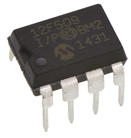 PIC12F509-I-P Microchip PIC12F509-I/P, 8bit PIC Microcontroller, 4MHz, 1024 x 12 words Flash, 8-Pin PDIP