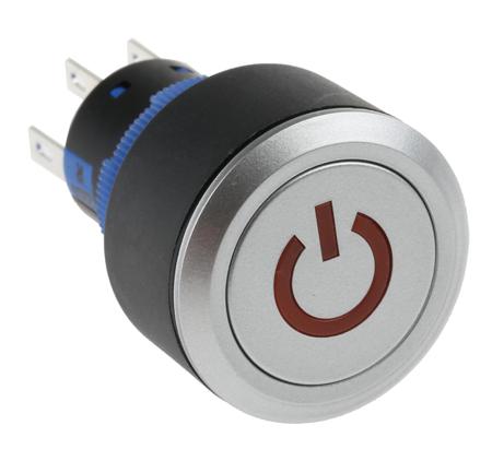 175-9037 2NO/2NC Lock Push Button Switch, IP65, 22.2 Dia.mm, Panel Mount Red LED, Power Symbol, 250V ac