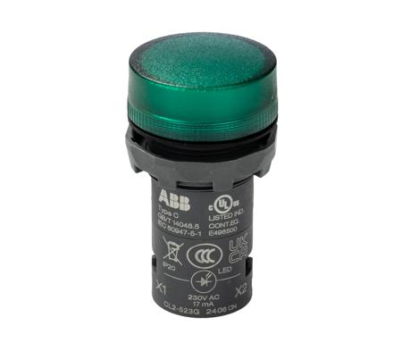 1SFA619403R5232  CL2-523G ABB, CL2-523G, Panel Mount Green LED Pilot Light, 22mm Cutout, IP66, IP67, IP69K, Round, 230V ac