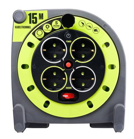 889-2497 15m Extension Reel Type F - German Schuko,4 Socket ,Unwound Current Rating 13A,240 V,Yellow