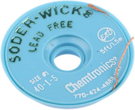 SW40-1-5 Chemtronics 1.5m Lead Free No Clean Desoldering Braid, Width 0.8mm
