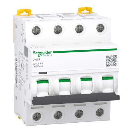 A9F95404 Schneider Electric Acti9 Acti9 iC60 MCB, 4P, 4A Curve K, 70 KA Breaking Capacity
