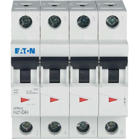240949-FAZT-C4-4 Eaton xEffect FAZ MCB, 4P, 4A Curve C, 440V AC, 60V DC, 15 kA Breaking Capacity