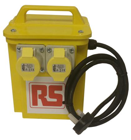 122-6711 RS PRO 2.25 kVA Intermittent 5 Mins on 15 Mins off Site Transformer, 230V ac Primary, 110 (55V Secondary, 2 x 16A O/P